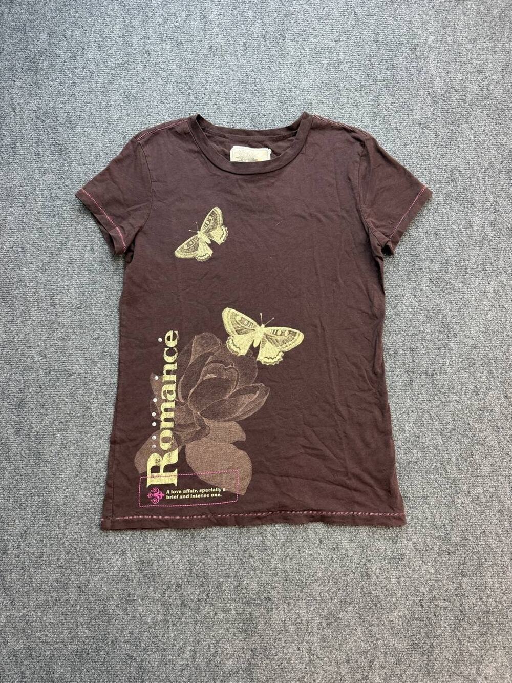 Women's M Brown Butterfly Romance Graphic T-Shirt Short Sleeve Boho Cottagecore